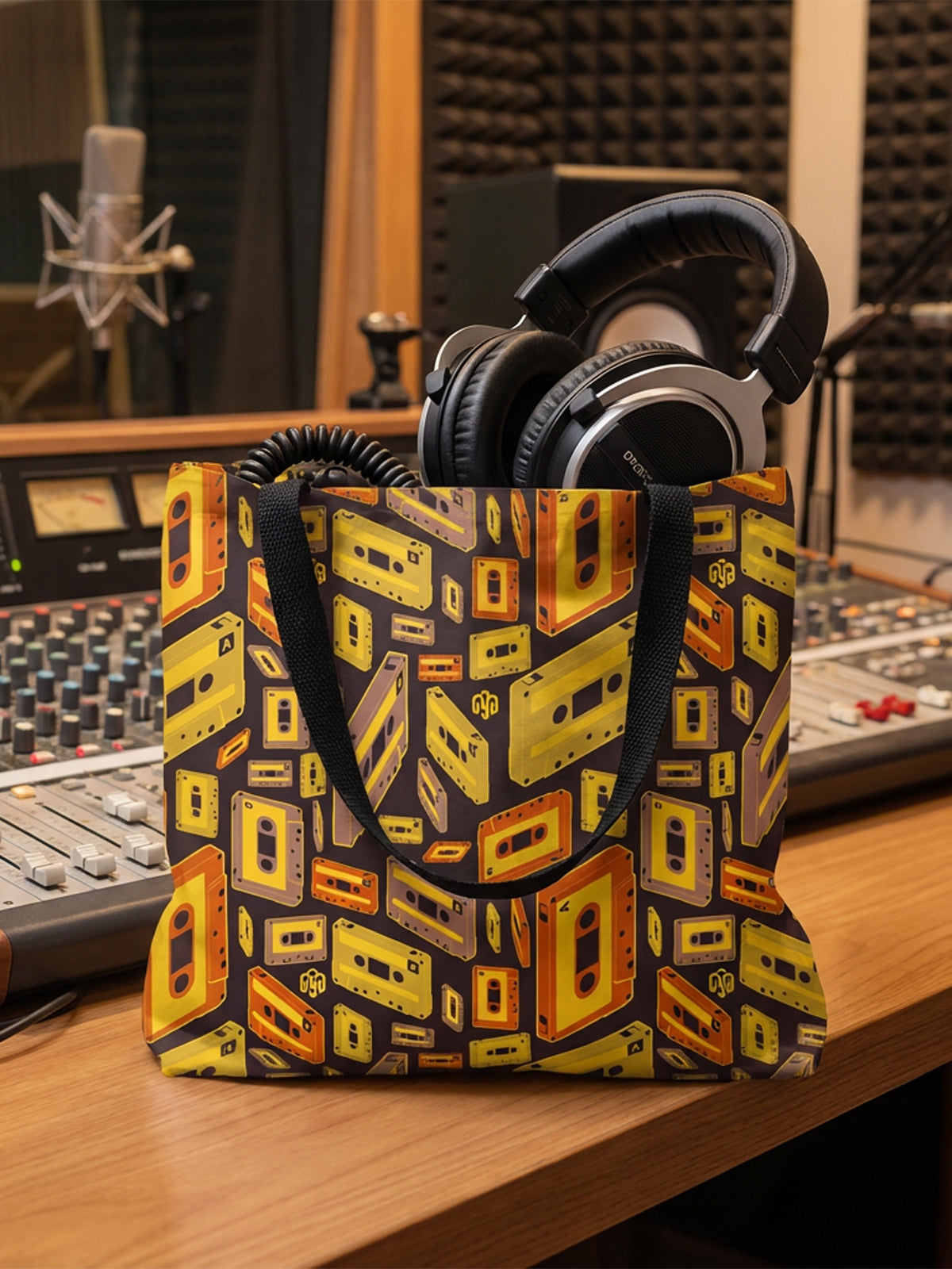 Tote bag con estampado de cassettes en tonos marrones y amarillos en un estudio de grabación.