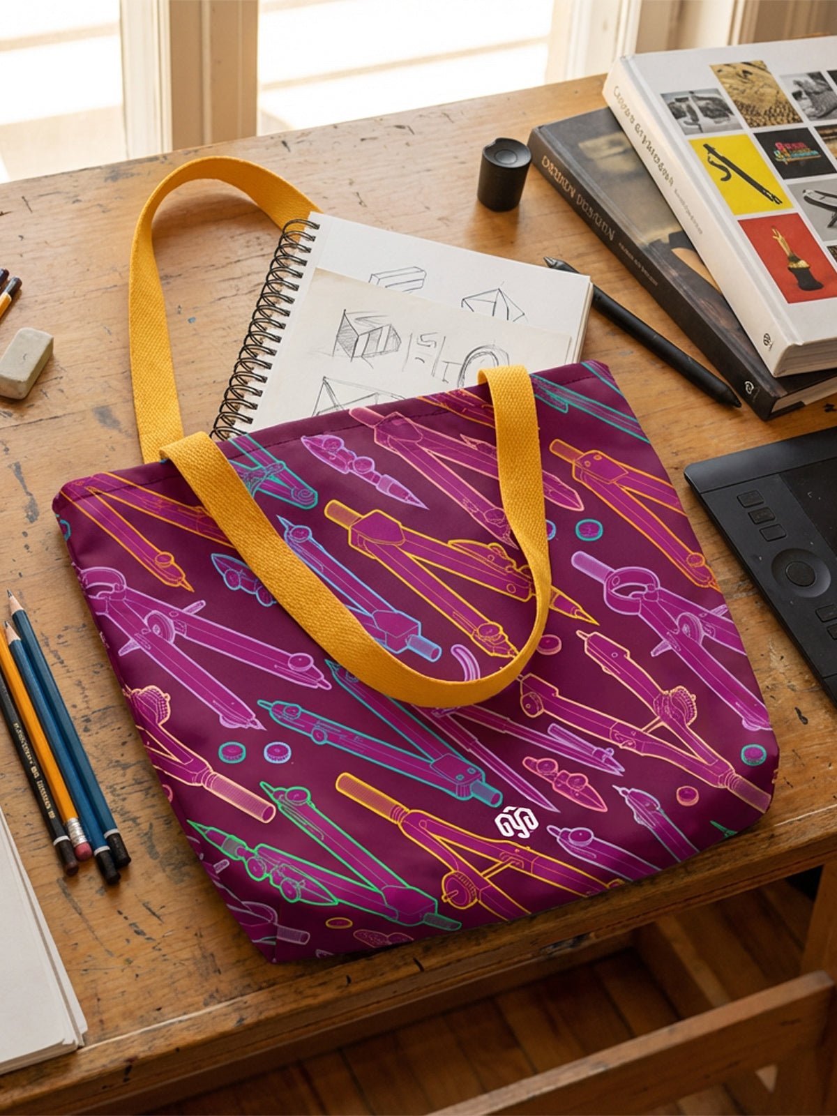 Tote bag con estampado de compases de dibujo en tonos magenta sobre la mesa de trabajo de un diseñador.